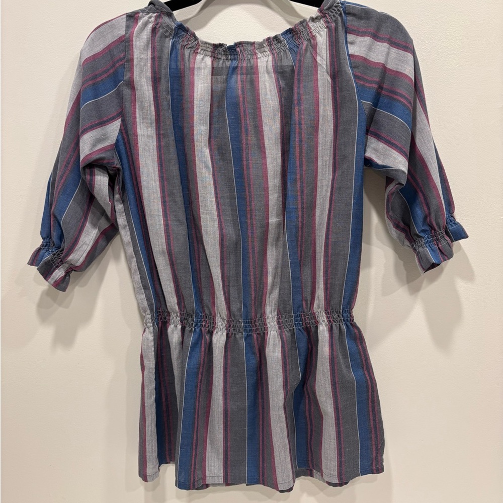 Striped Women's Blouse with Ruffle Neckline - Picture 7 of 13